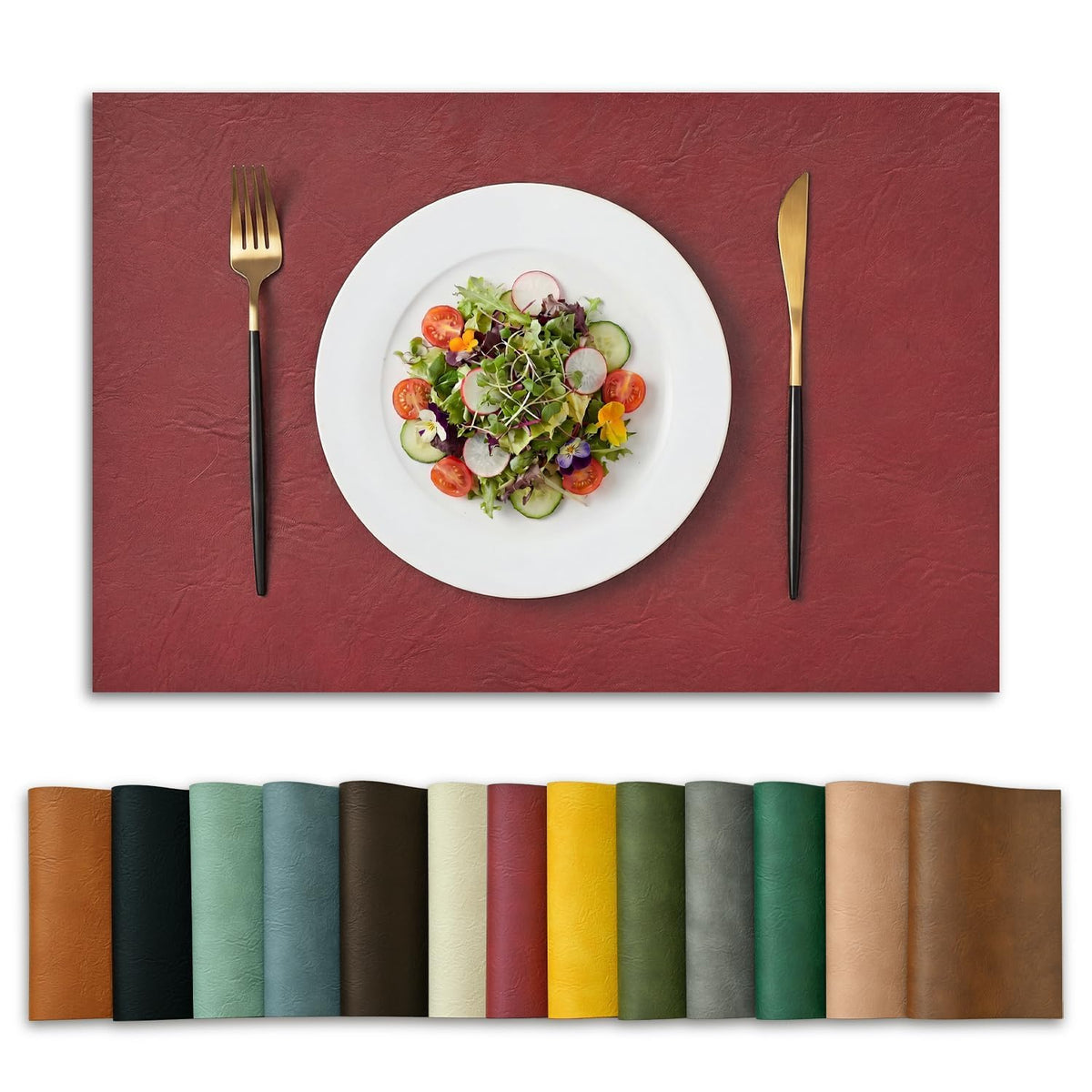 Artoid Mode Olive Green Faux Leather Placemats Set of 6, 15 Inch Waterproof Wipeable Heat Resistant Vinyl Place Mats, Reversible Table Mats for Kitchen Dining Decor