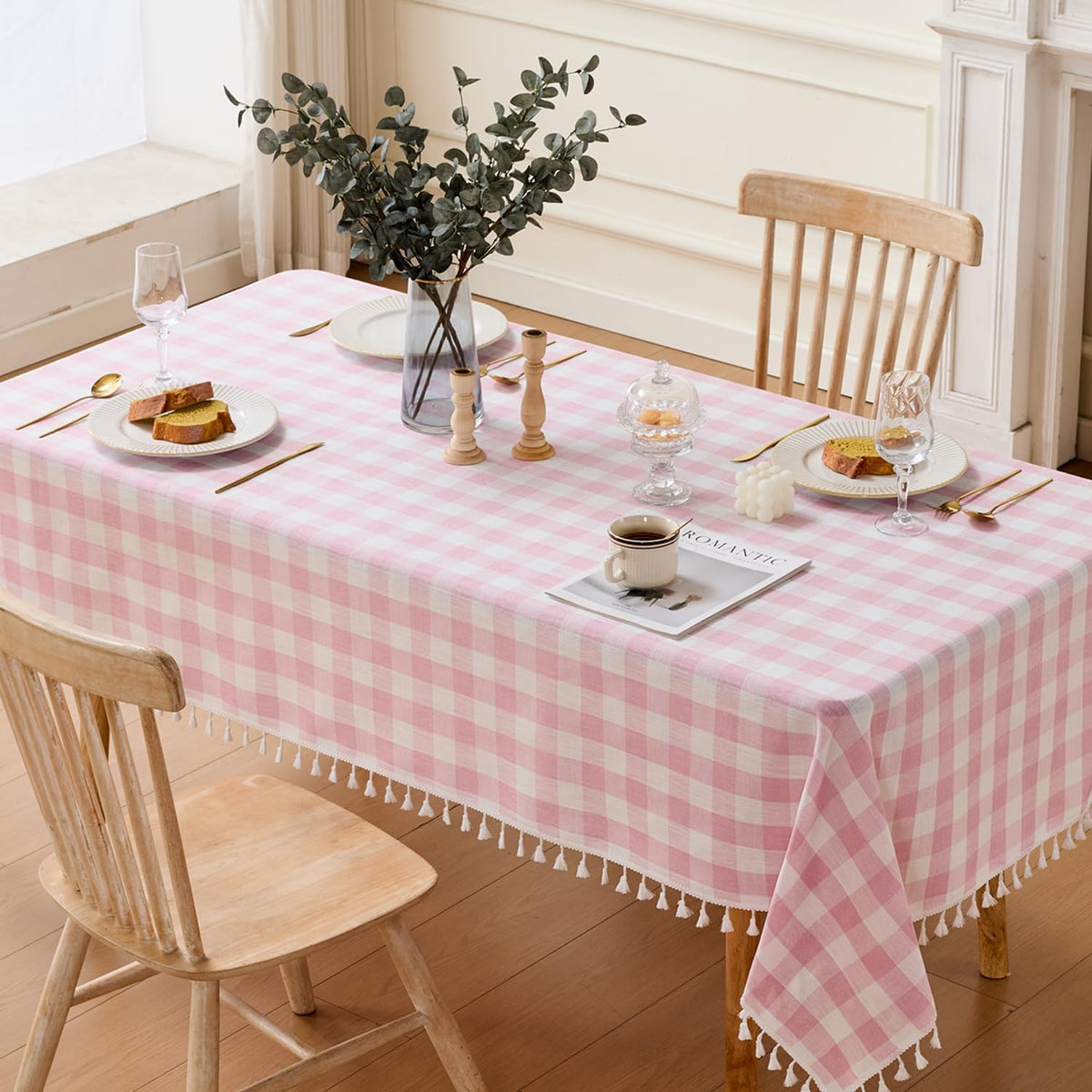 JIALE Gingham Tablecloth Rectangle Cotton Linen Fabric Checkered Table Cloth with Tassel Washable Wrinkle Free Buffalo Plaid Table Cover for Birthday Party Picnic Outdoor, Pink, 55x75