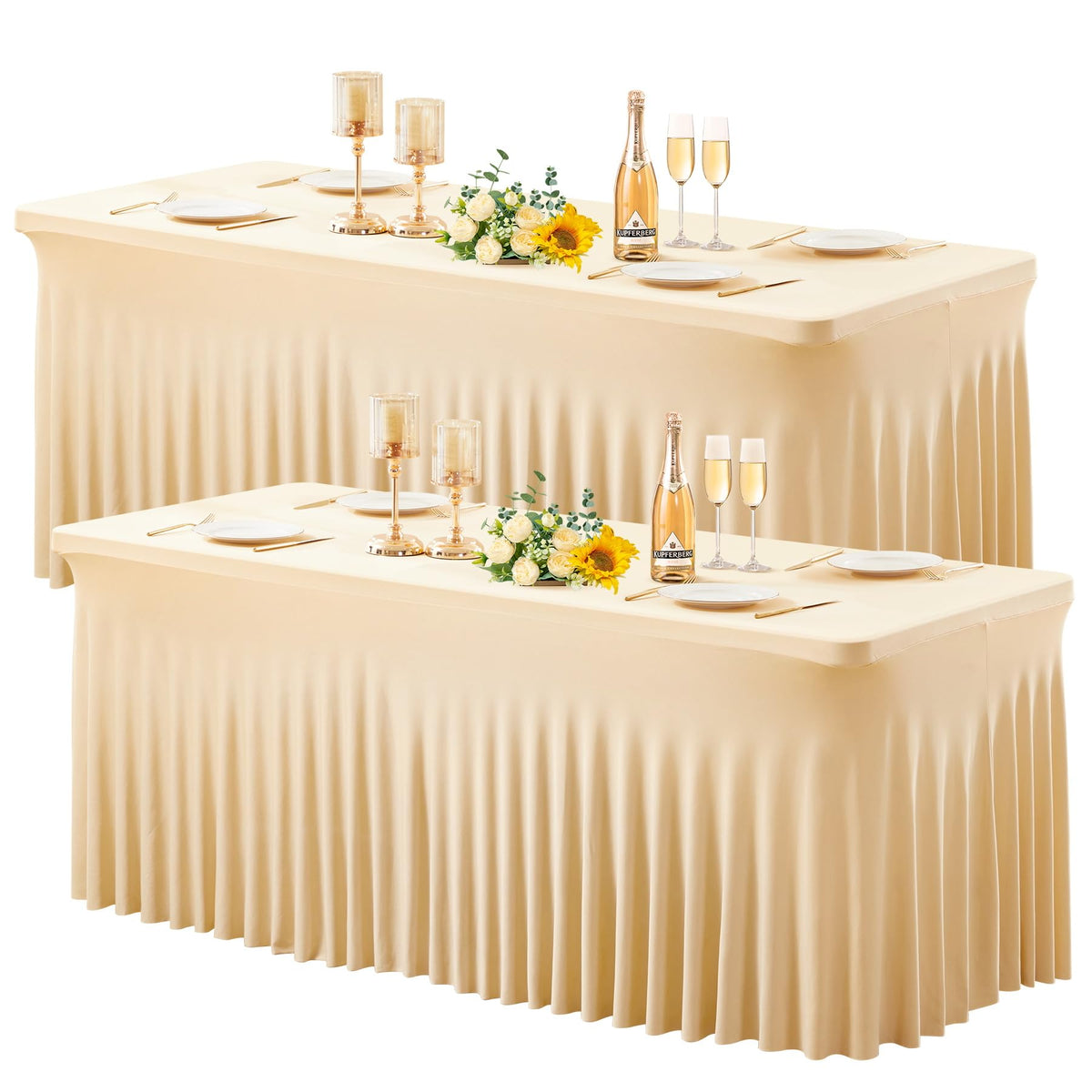 Wish Care 2 Pack Ivory Spandex Table Clothes for 6 Foot Rectangle Tables, 6FT Wrinkle Free Fitted Tablecloths Ruffles Design Table Cover for Party, Banquet, Wedding and Events