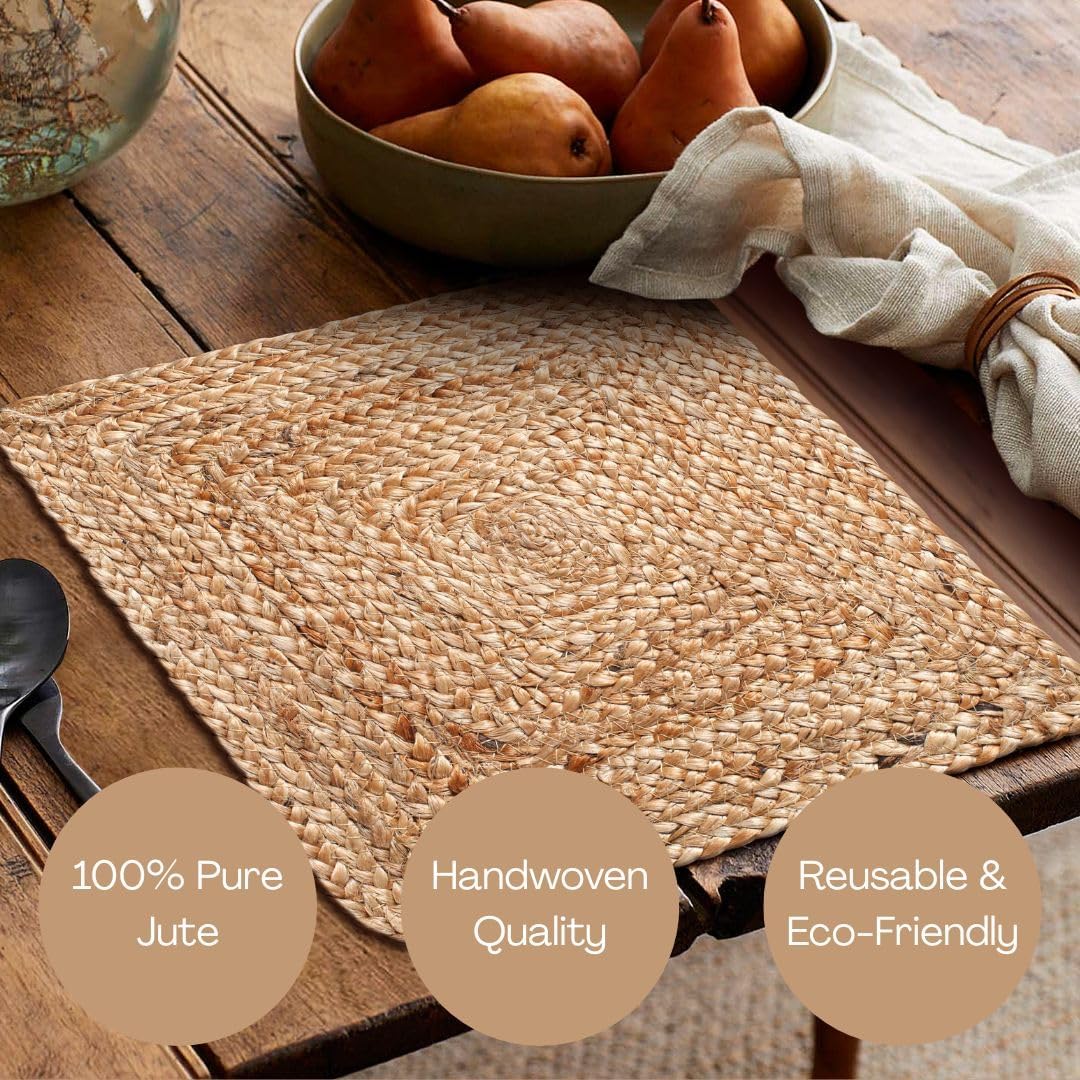 Jute Braided Placemats Set of 4 Reversible, 100% Jute, Nonslip 14x14 inch Square Farmhouse Vintage Jute Placemats for Dining Table, Perfect for Indoor Outdoor, Natural
