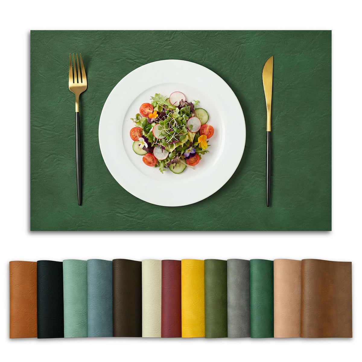 Artoid Mode Olive Green Faux Leather Placemats Set of 6, 15 Inch Waterproof Wipeable Heat Resistant Vinyl Place Mats, Reversible Table Mats for Kitchen Dining Decor