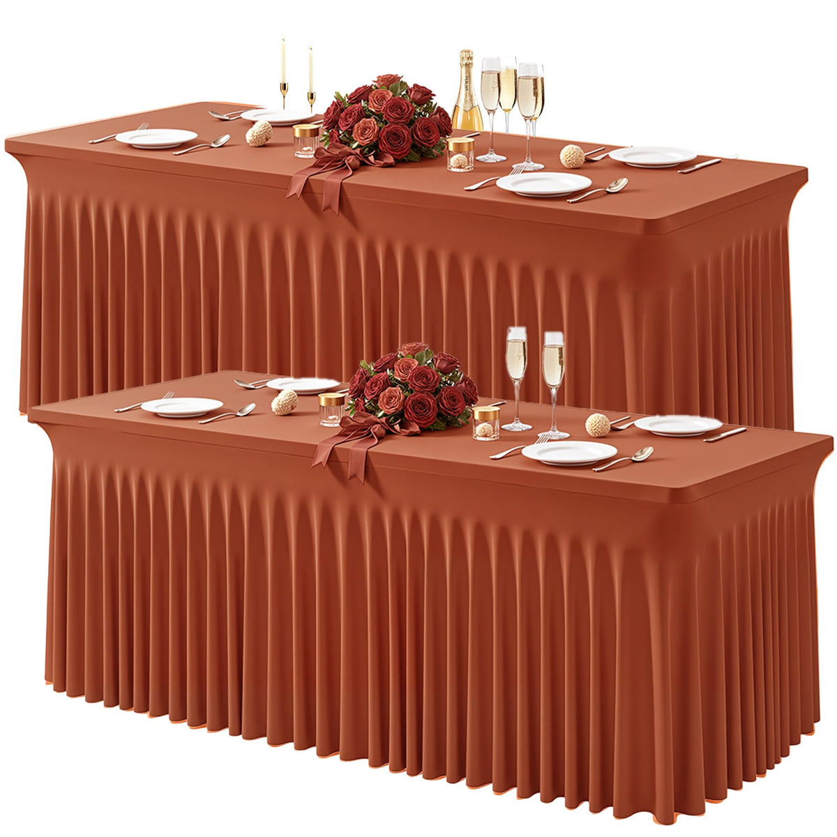 Wish Care 2 Pack Ivory Spandex Table Clothes for 6 Foot Rectangle Tables, 6FT Wrinkle Free Fitted Tablecloths Ruffles Design Table Cover for Party, Banquet, Wedding and Events