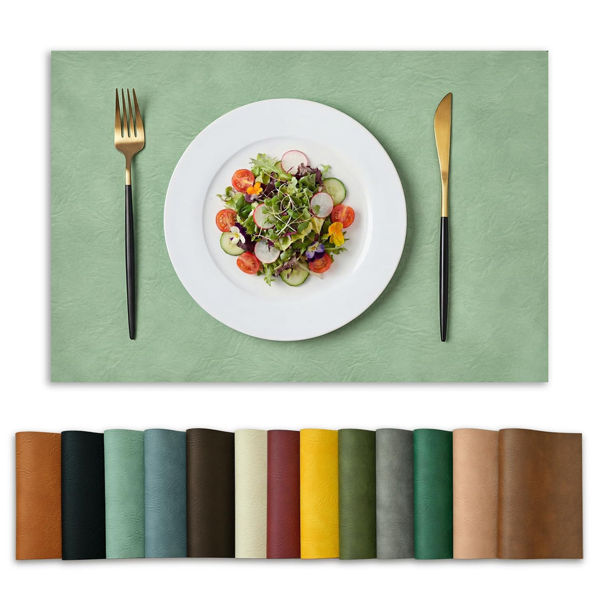Artoid Mode Olive Green Faux Leather Placemats Set of 6, 15 Inch Waterproof Wipeable Heat Resistant Vinyl Place Mats, Reversible Table Mats for Kitchen Dining Decor