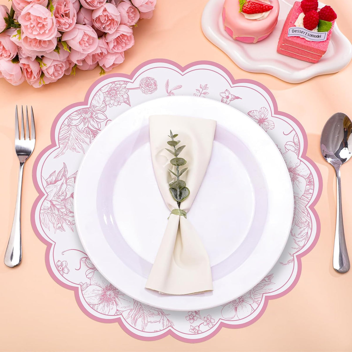 60 Pcs Pink Floral Paper Placemat, 13.5 Inch Disposable Scalloped Table Mat