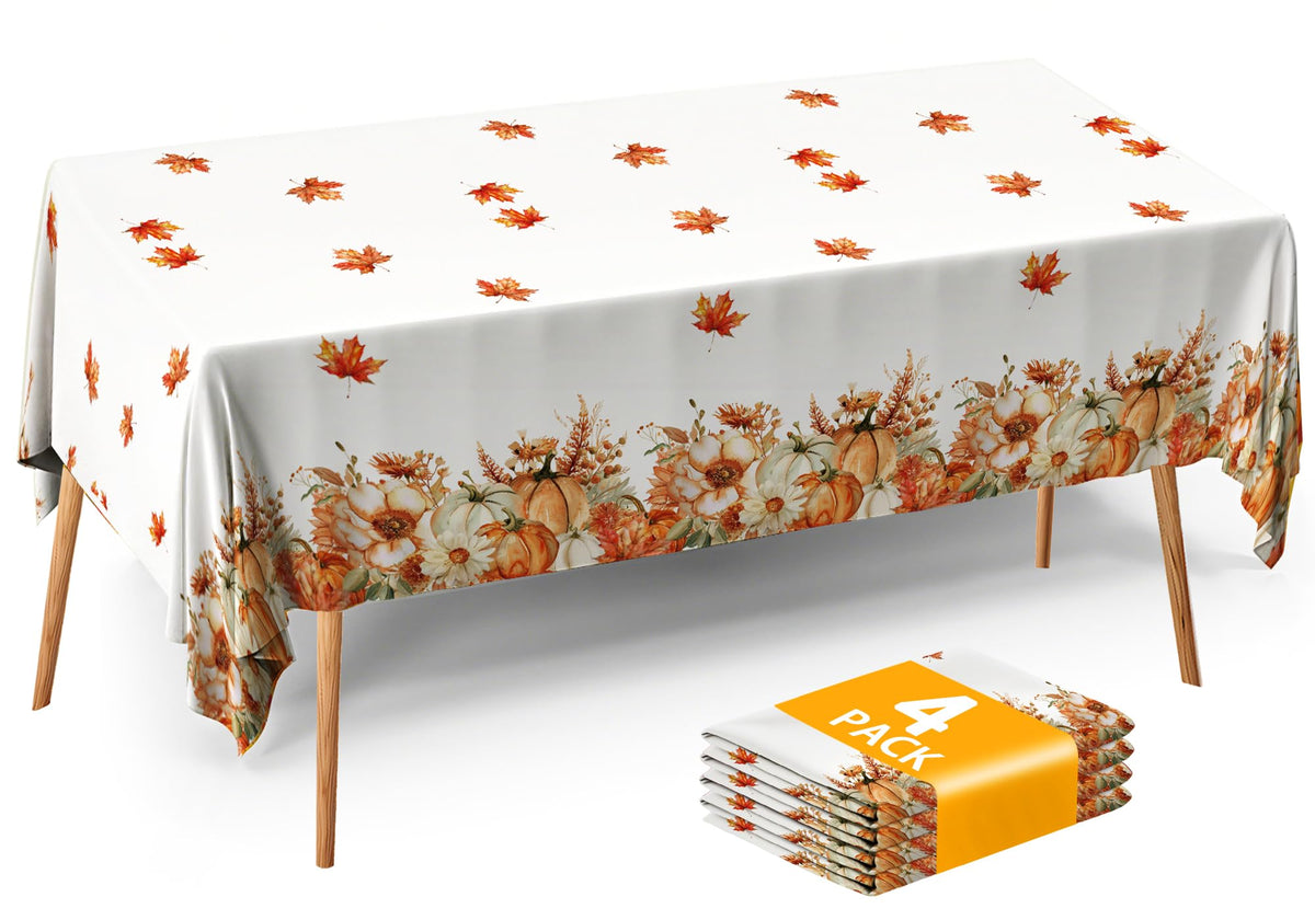ATFUNSHOP Fall Plastic Tablecloth 4 Packs Thanksgiving Disposable Table Cloth 54x108 Rectangle Table Cover with Pumpkin & Maple Leaf for Holiday Dinner Party Decorations Outdoor Picnic & Baby Showers