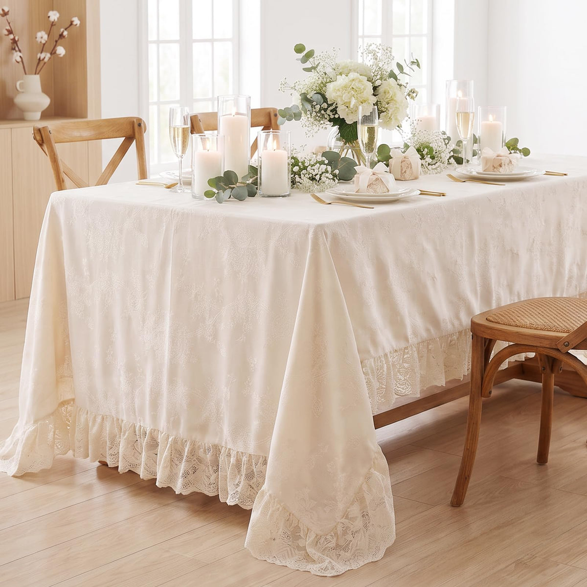 Cream Vintage Floral Tablecloth, French Farmhouse Ruffled Lace 60" x 80" Oblong Stain & Wrinkle Resistant Fabric