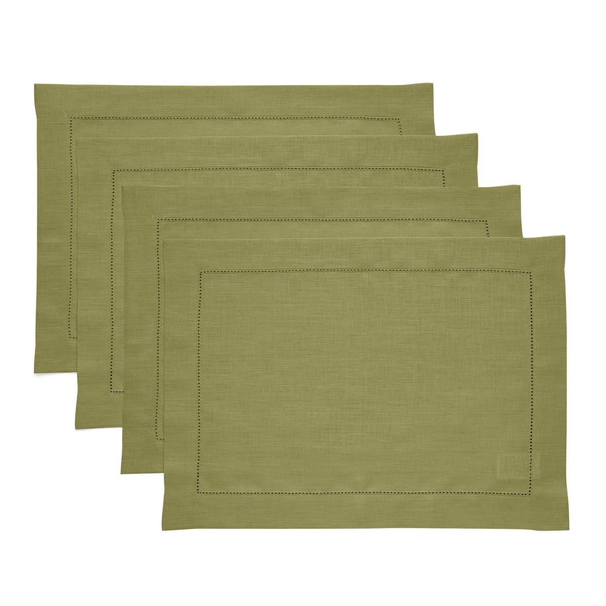 Solino Home 100% Pure Linen Placemats Green Hemstitch, 14 x 19 in, Set of 4