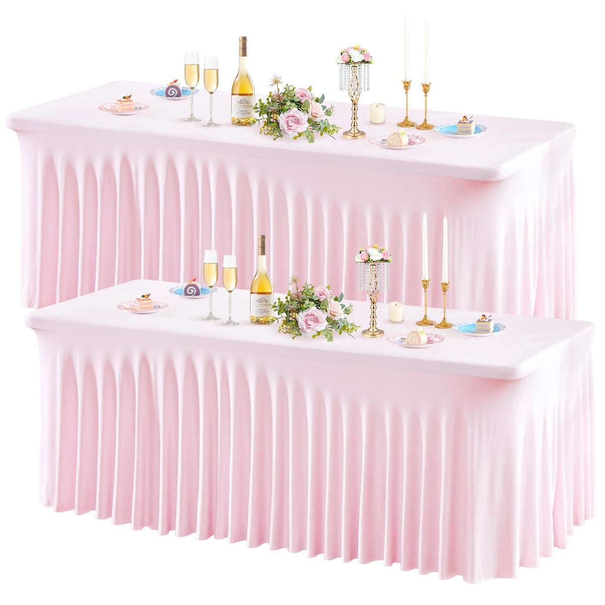 Wish Care 2 Pack Ivory Spandex Table Clothes for 6 Foot Rectangle Tables, 6FT Wrinkle Free Fitted Tablecloths Ruffles Design Table Cover for Party, Banquet, Wedding and Events