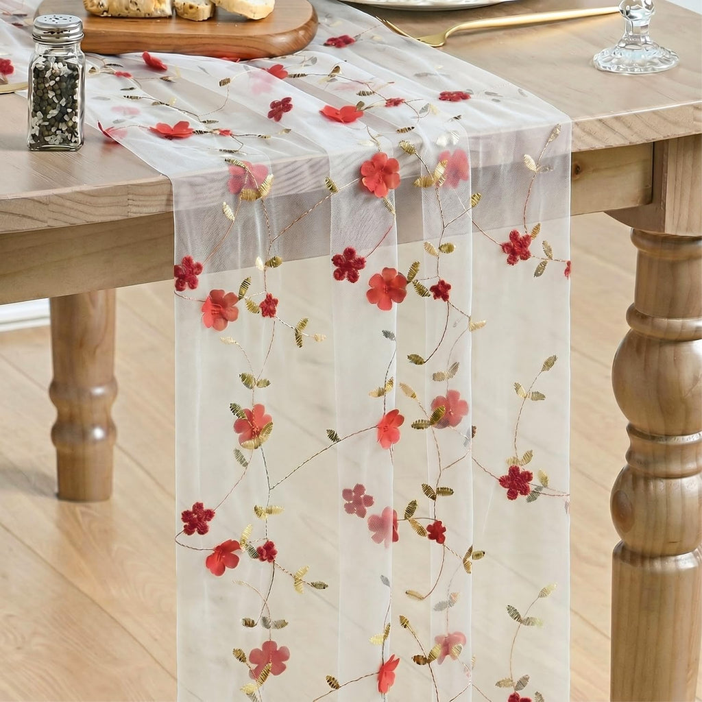 Artoid Mode Pink 3D Flower Gauze Embroidery Table Runner 120 Inch 10FT
