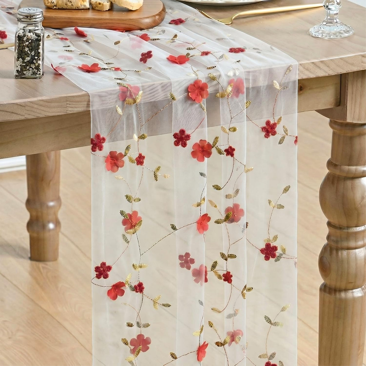 Artoid Mode Pink 3D Flower Gauze Embroidery Table Runner 120 Inch 10FT