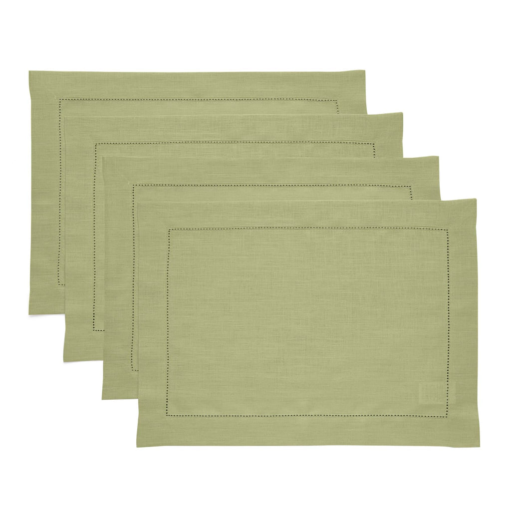 Solino Home 100% Pure Linen Placemats Green Hemstitch, 14 x 19 in, Set of 4