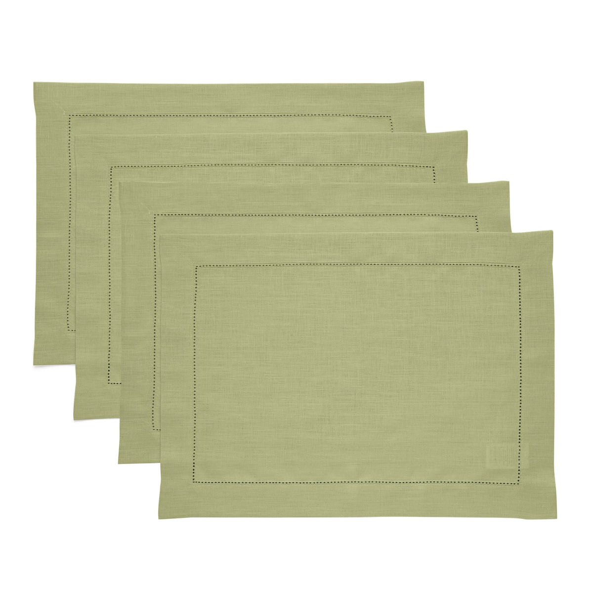 Solino Home 100% Pure Linen Placemats Green Hemstitch, 14 x 19 in, Set of 4