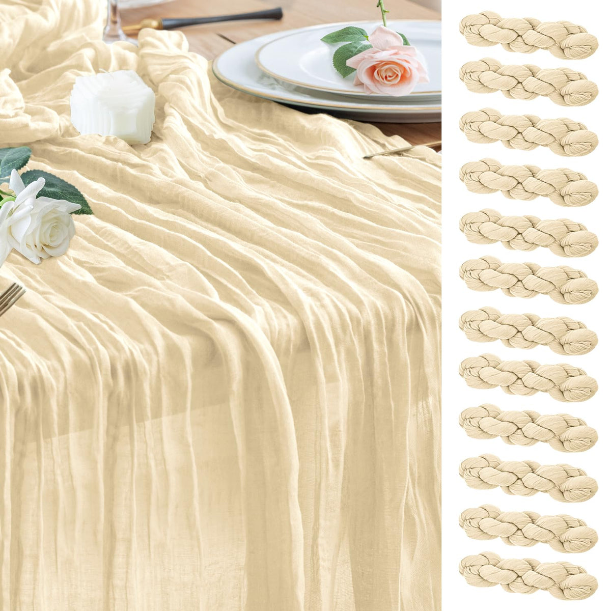 Wokceer Cheesecloth Table Runner Beige 10FT Boho Gauze Runner, 2 Pack