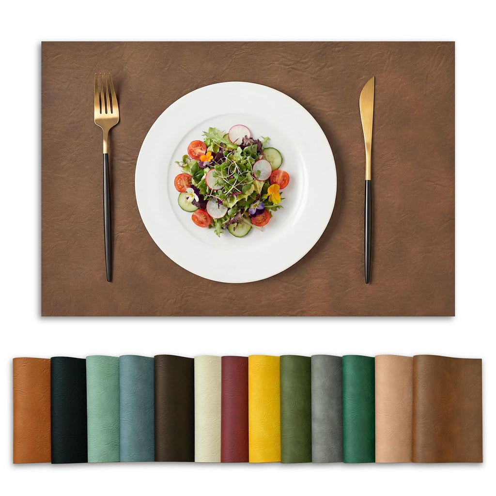 Artoid Mode Olive Green Faux Leather Placemats Set of 6, 15 Inch Waterproof Wipeable Heat Resistant Vinyl Place Mats, Reversible Table Mats for Kitchen Dining Decor