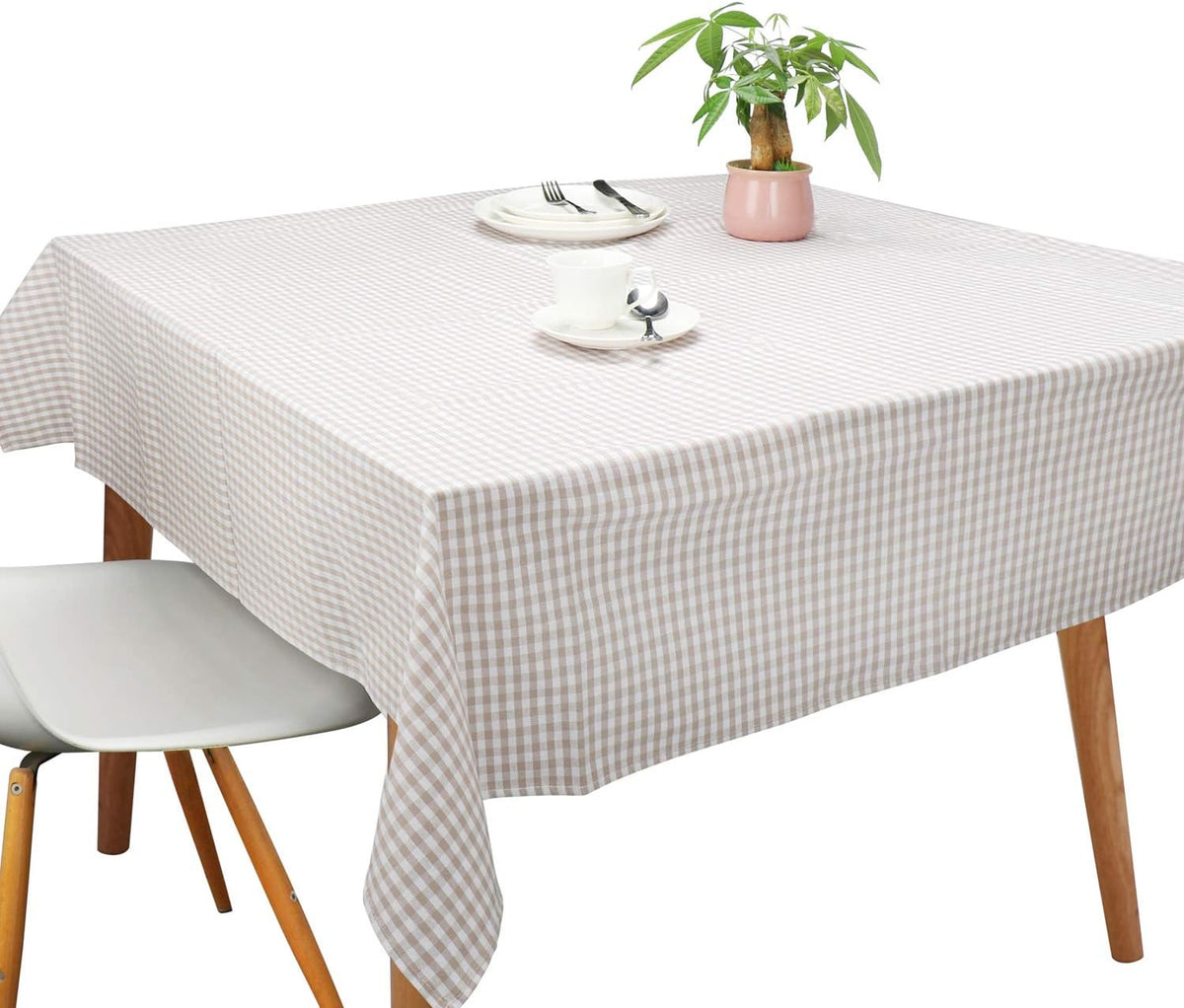 Tablecloths, Rectangle Vintage Table Covers Pure Cotton Gingham Tablecloths Oversized Christmas Holiday Home Decorative Checkered Plaid Table cloths for Everyday Dinner (Light Brown, 120 X 60 inch)