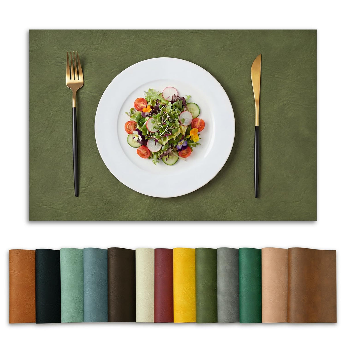 Artoid Mode Olive Green Faux Leather Placemats Set of 6, 15 Inch Waterproof Wipeable Heat Resistant Vinyl Place Mats, Reversible Table Mats for Kitchen Dining Decor
