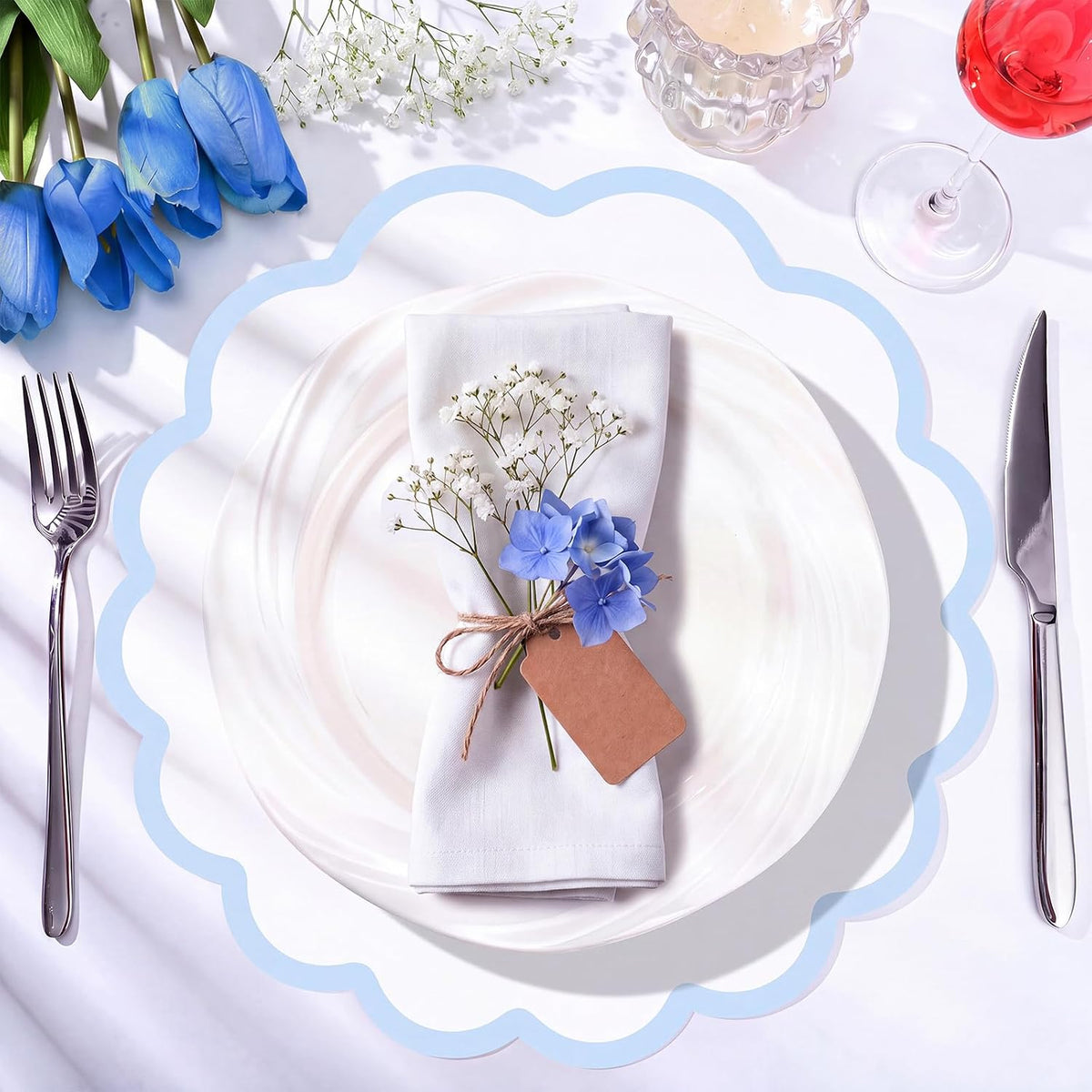 60 Pack Blue and White Paper Placemat, Disposable Blue Edge Table Mats