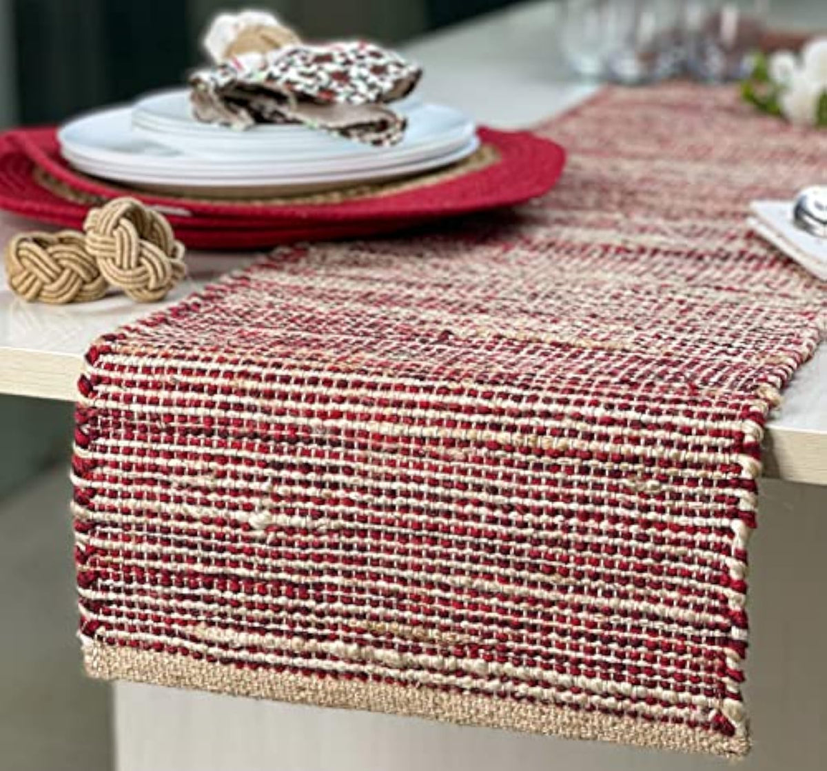 Chardin home Natural Jute Table Runner 13x108 Inch – Vintage Boho Rustic Table Decor – Handwoven Long Table Runner in Natural Jute and Black – Farmhouse Dining or Console Table Accent