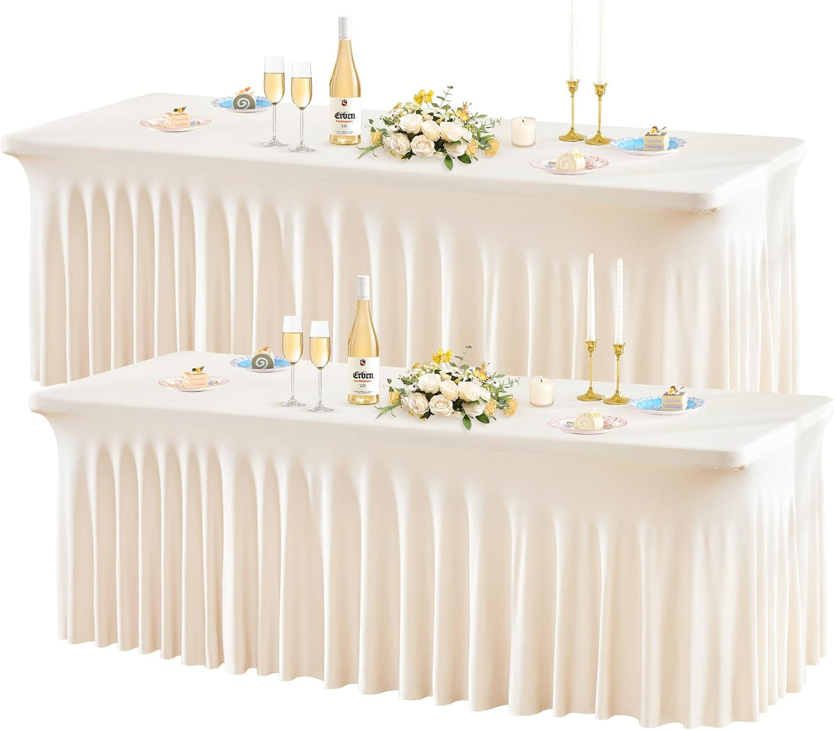Wish Care 2 Pack Ivory Spandex Table Clothes for 6 Foot Rectangle Tables, 6FT Wrinkle Free Fitted Tablecloths Ruffles Design Table Cover for Party, Banquet, Wedding and Events