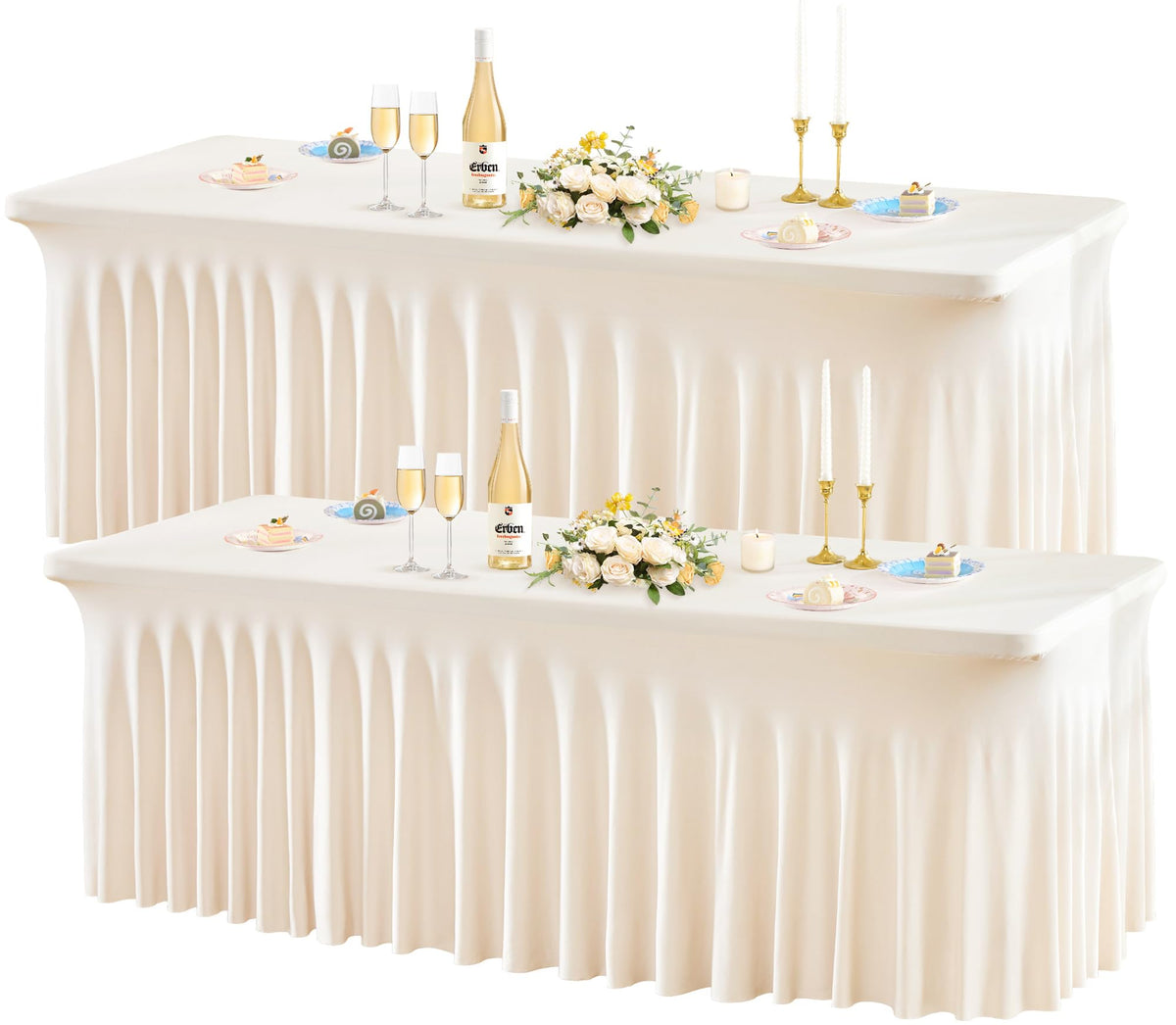 Wish Care 2 Pack Ivory Spandex Table Clothes for 6 Foot Rectangle Tables, 6FT Wrinkle Free Fitted Tablecloths Ruffles Design Table Cover for Party, Banquet, Wedding and Events