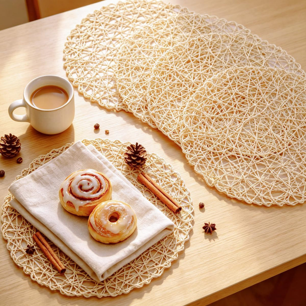 IcosaMro Beige Round Placemats Set of 6 for Dining Table, 15 Inch Paper Woven Boho Decorative Circle Place Mat for Wedding Christmas Thanksgiving Day Holiday Dinner, Beige