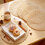 IcosaMro Beige Round Placemats Set of 6 for Dining Table, 15 Inch Paper Woven Boho Decorative Circle Place Mat for Wedding Christmas Thanksgiving Day Holiday Dinner, Beige