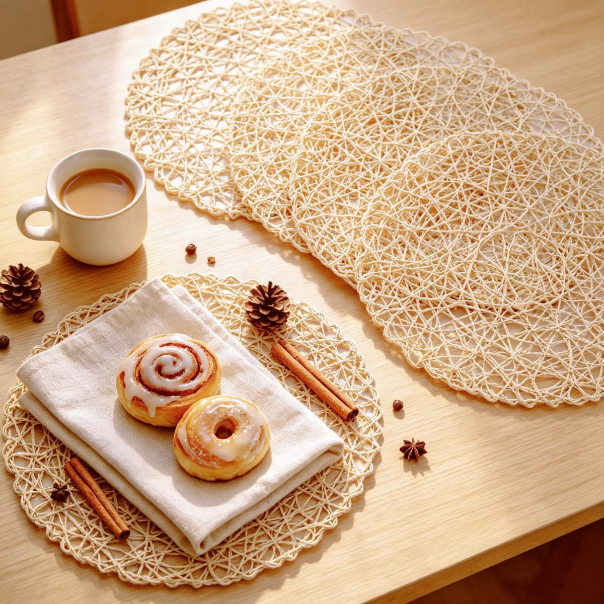 IcosaMro Beige Round Placemats Set of 6 for Dining Table, 15 Inch Paper Woven Boho Decorative Circle Place Mat for Wedding Christmas Thanksgiving Day Holiday Dinner, Beige