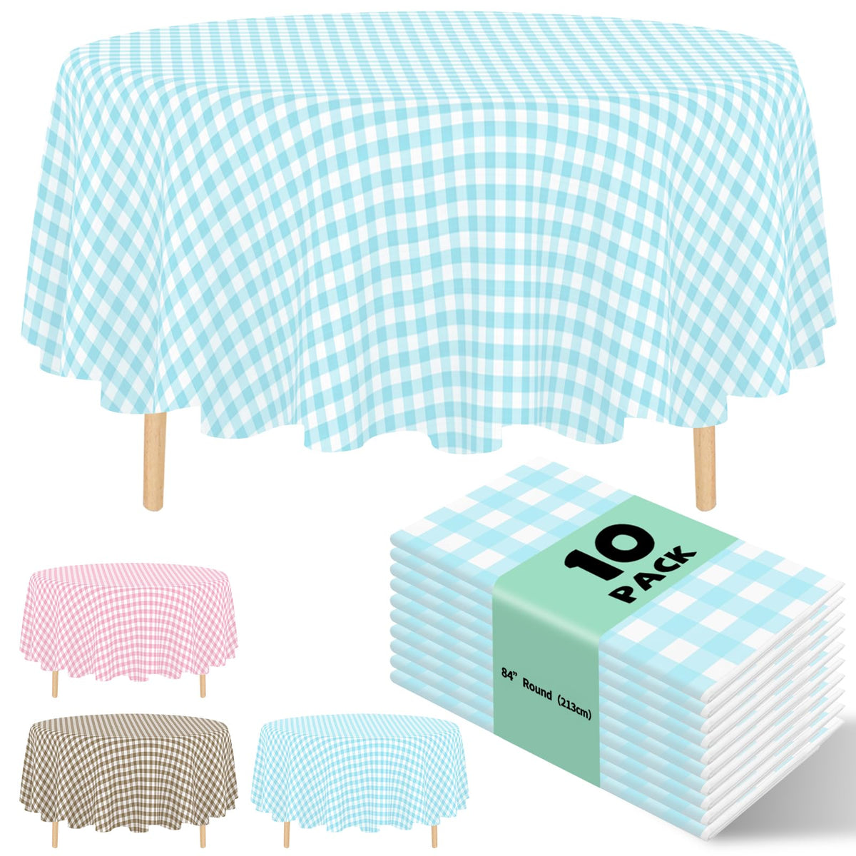 10 Pack Gold Round Tablecloth 84 Inch Round Plastic Table Cloth Disposable Waterproof Table Cover for Wedding Birthday Bridal Shower Party Decorations