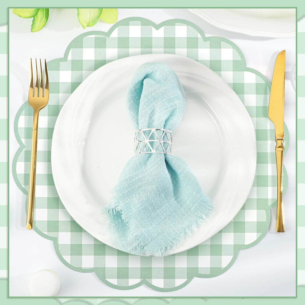 60 Pcs Sage Green Gingham Paper Placemats, Scalloped Checkered Place Mats