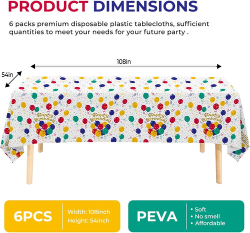 6 Pack Happy Birthday Plastic Tablecloths, 108" x 54" Rectangle Disposable Table Covers for Picnic Birthday Wedding Parties (Balloon)