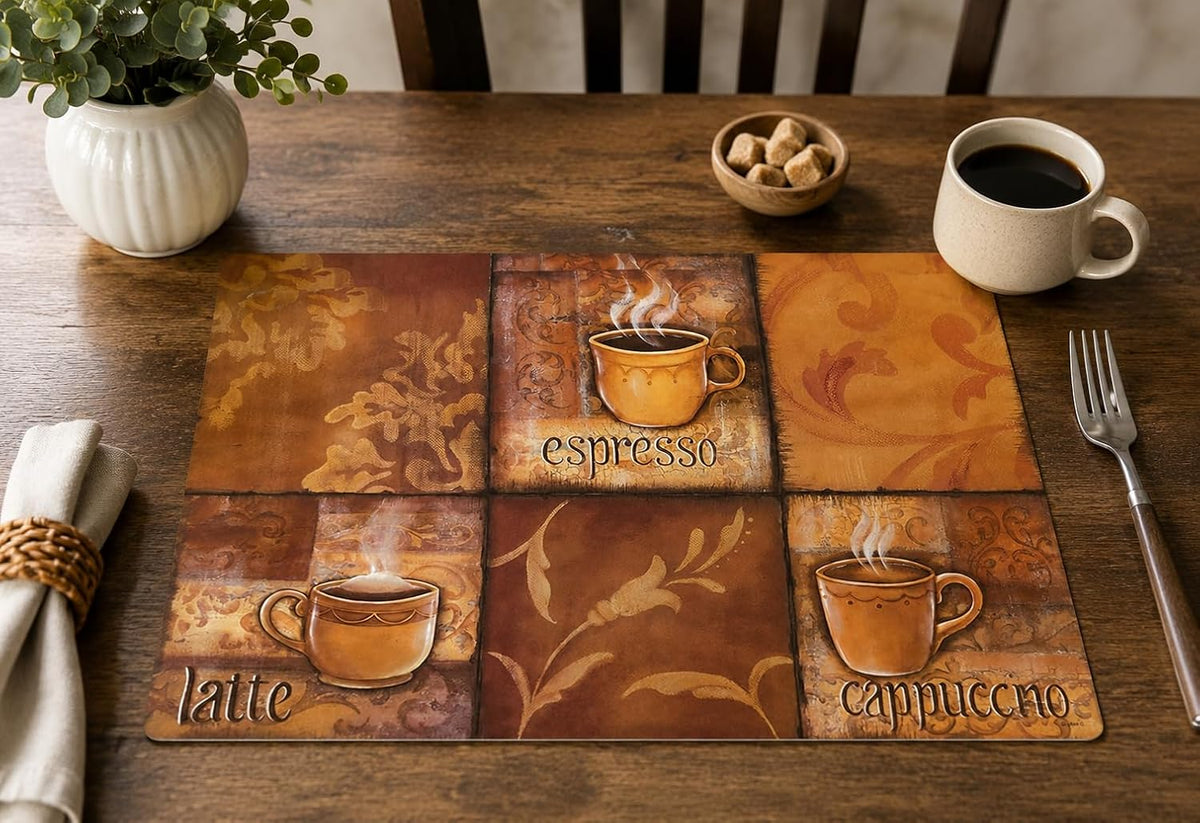 Vinyl Rectangular Placemats Set of 4 - Non Slip Place Mats Ideal for Indoor and Outdoor Dining Table - Washable and Heat Resistant Fall Placemats for Kitchen Tables (Coffee Tiles)