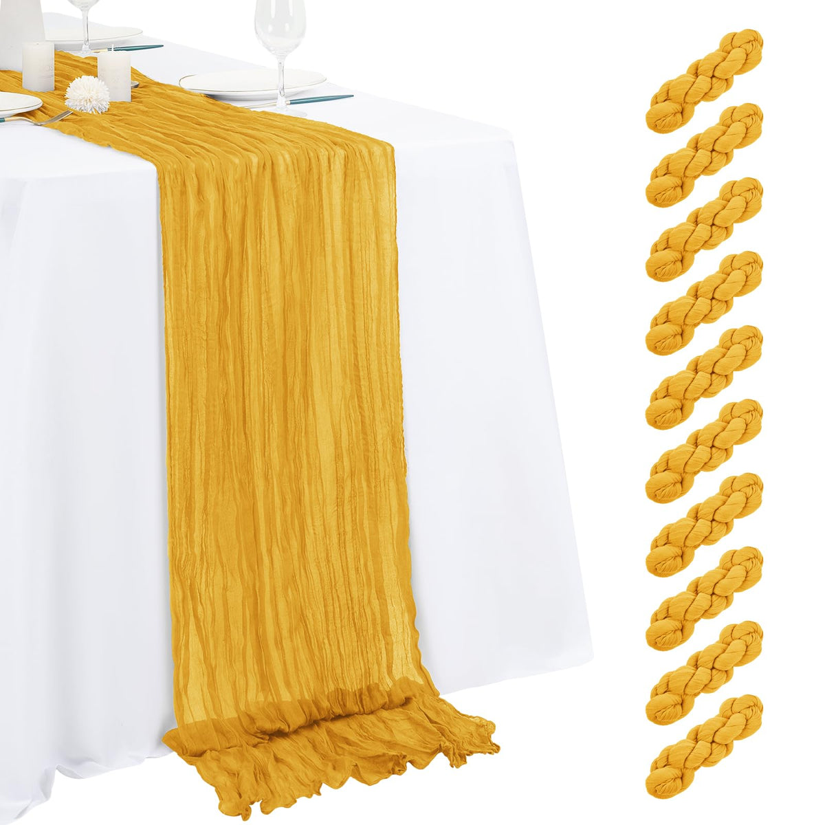 10 Pack Light Yellow Cheesecloth Table Runner 17x108 Inch Semi Sheer Boho Gauze Cheese Cloth Table Runners, for Wedding Bridal Shower Birthday Party Home Decor Garden Farmhouse