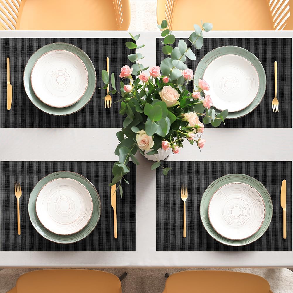 AUAUY Placemats Set of 6 Washable, Non-Slip Heat Resistant Table Mat, Black