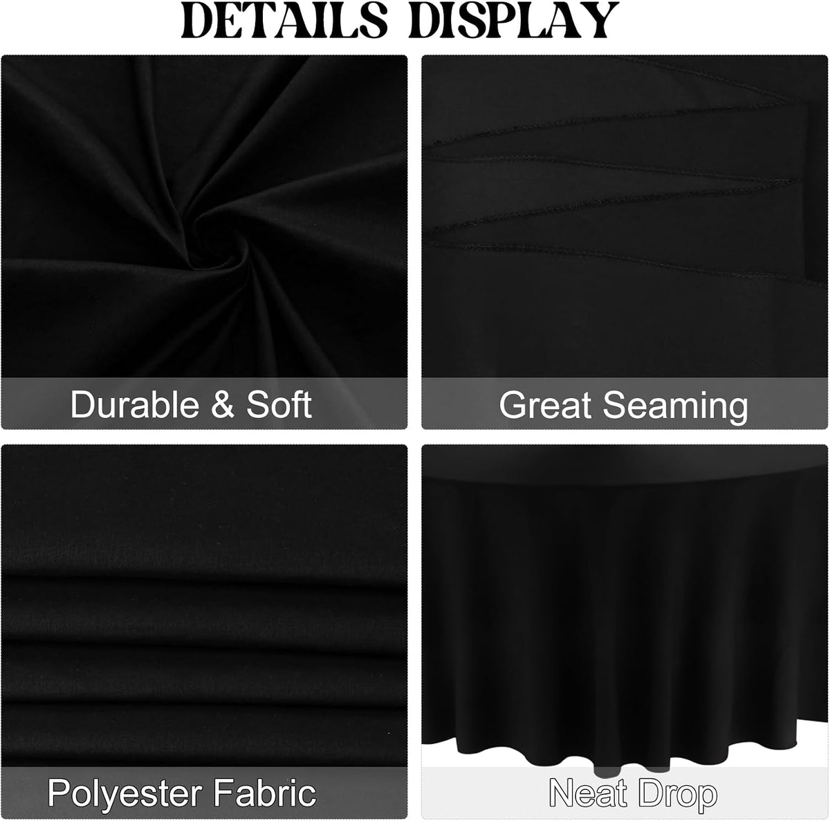 4 Pack Round Tablecloth 90 Inch Black Polyester Washable Fabric Table Covers for Wedding Dining Table Buffet Parties Banquet Decor