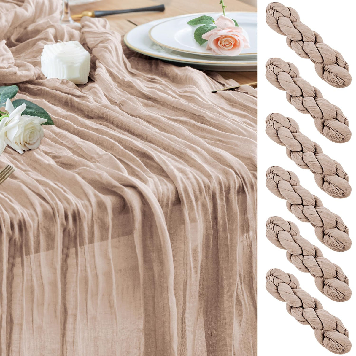 Wokceer Cheesecloth Table Runner Beige 10FT Boho Gauze Runner, 2 Pack