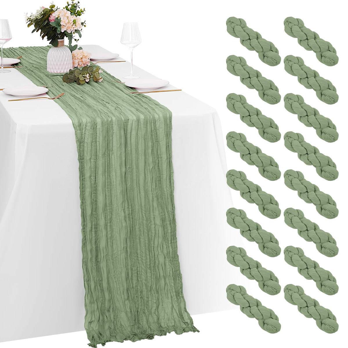 8 Pack Sage Green Cheesecloth Table Runners 20x120 Inch Gauze Table Runner Cheese Cloth 10FT Green Table Runner Rustic Sheer Runner for Wedding Baby Shower Birthday Party Table Decor