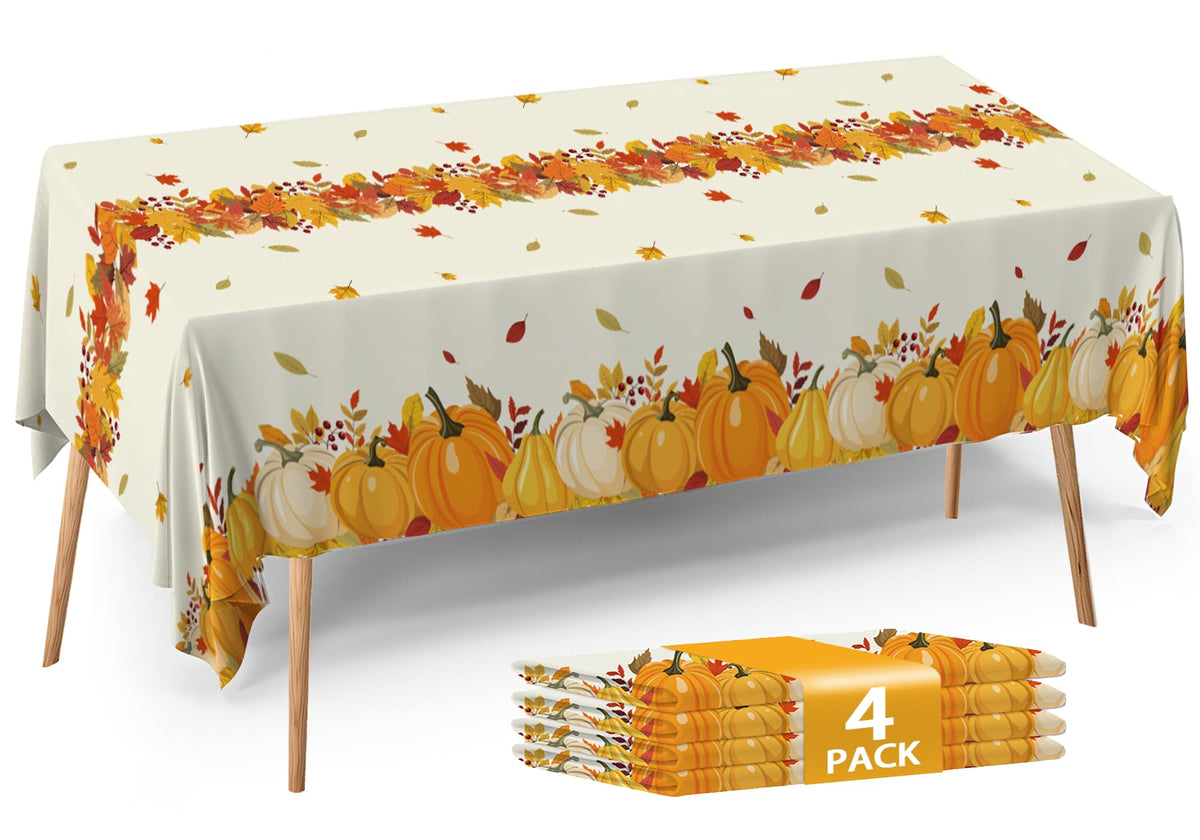 ATFUNSHOP Fall Plastic Tablecloth 4 Packs Thanksgiving Disposable Table Cloth 54x108 Rectangle Table Cover with Pumpkin & Maple Leaf for Holiday Dinner Party Decorations Outdoor Picnic & Baby Showers
