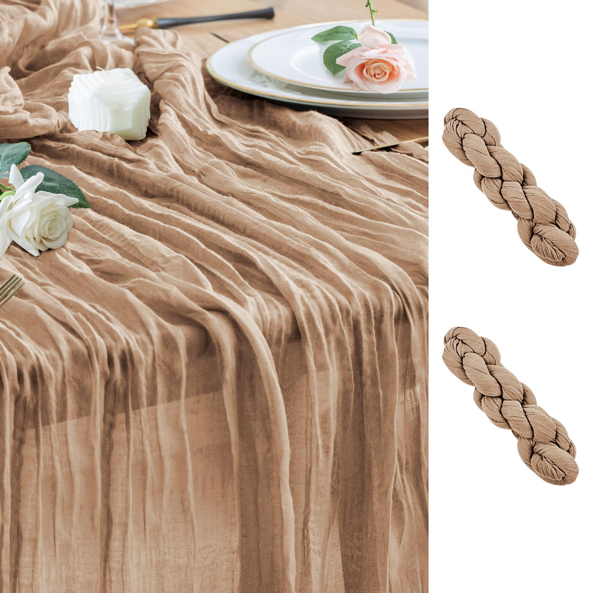 Wokceer Cheesecloth Table Runner Beige 10FT Boho Gauze Runner, 2 Pack
