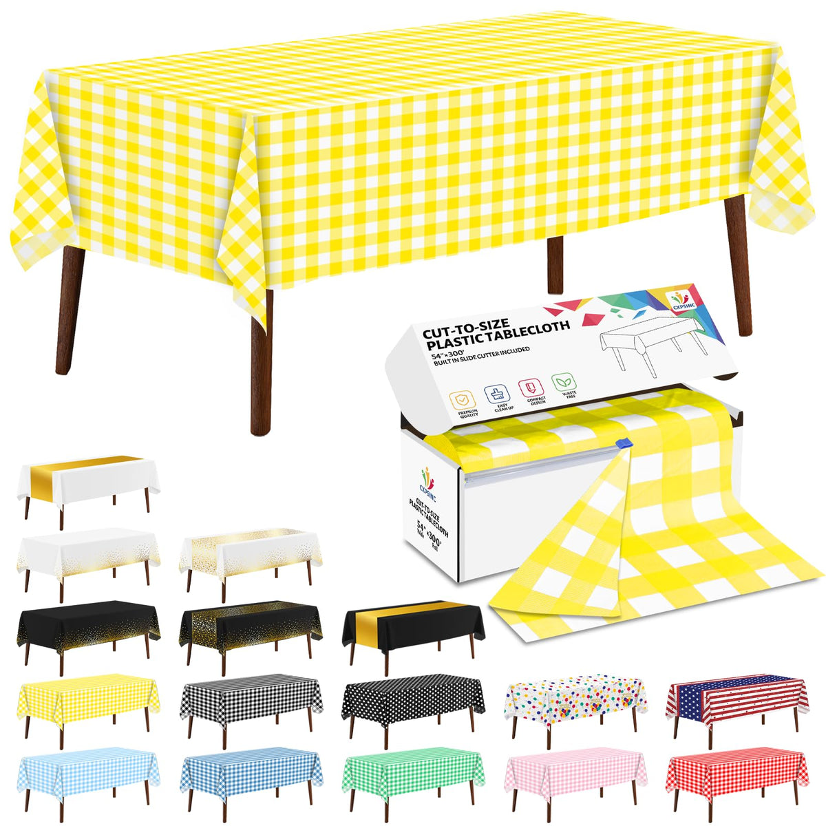 CXPSINC White Plastic Table Cloth Disposable Tablecloth Roll 54 Inch X 300 Feet Plastic Table Cover Roll with Slide Cutter for Picnics, Parties, Banquet, Birthdays, Weddings