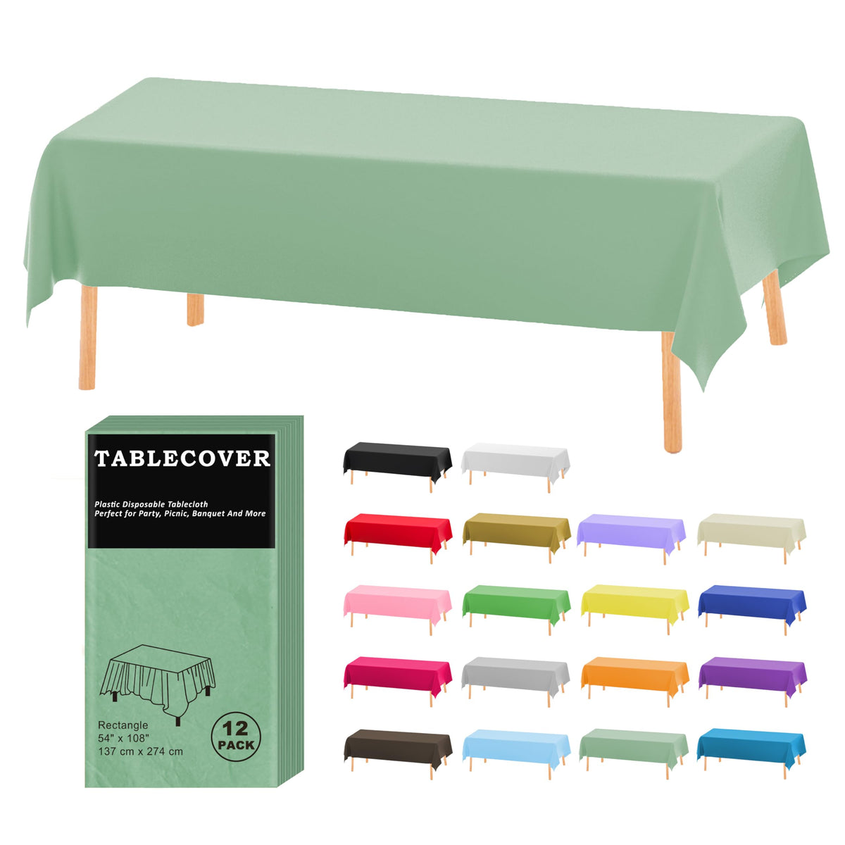 D&Z 12 Pack Black Disposable Plastic Tablecloth 54"x108" Table Cover