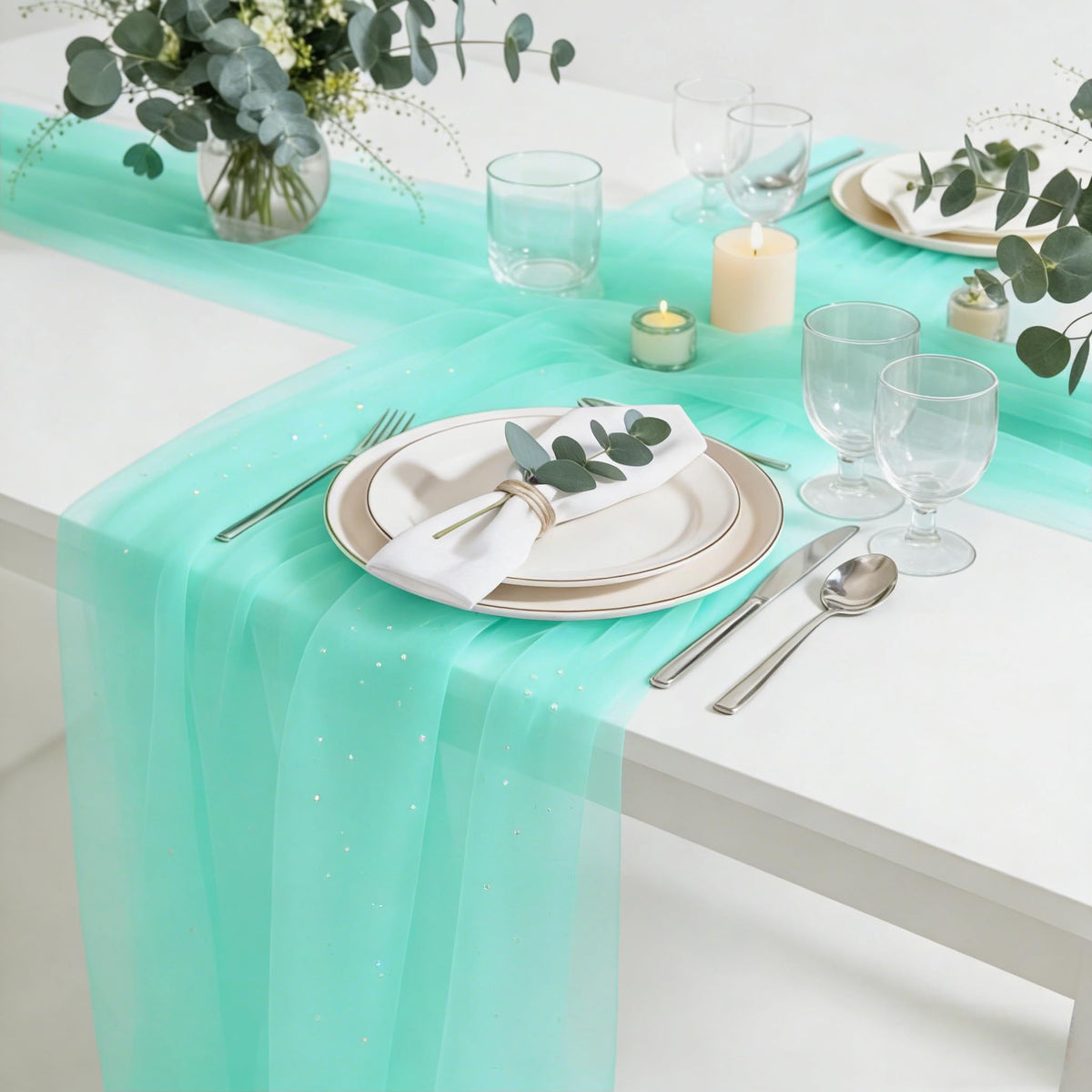 MANGATA CASA 2pcs 10FT Boho Tulle Cheesecloth Table Runner, Sheer Decor for Wedding Birthday Graduation Party（Gold-28"x120"
