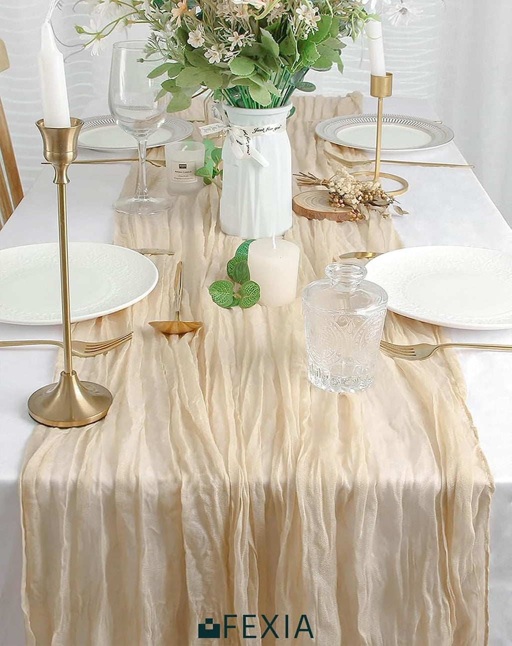 FEXIA Beige Cheesecloth Table Runner Gauze Rustic Boho Party Decoration