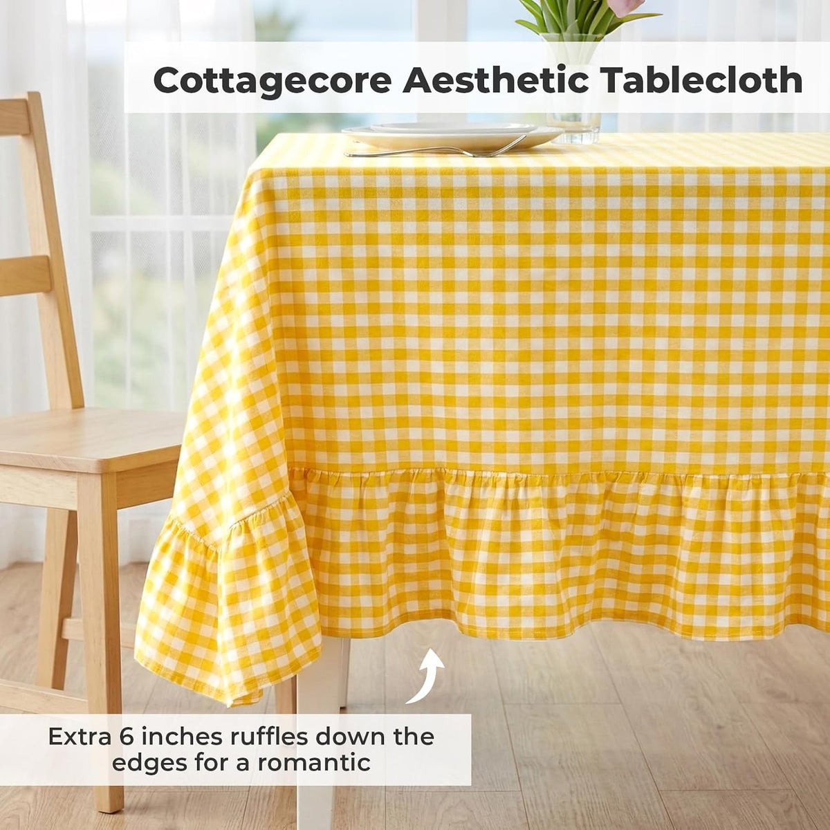 PartyDelight Gingham Ruffle Tablecloth Butter Yellow Washed Cotton Checkered Rectangular Table Cover for Farmhouse Kitchen Cute Cottagecore Birthday Party Decor, Soft Vintage (60x102 Fits 6-9 Seats)