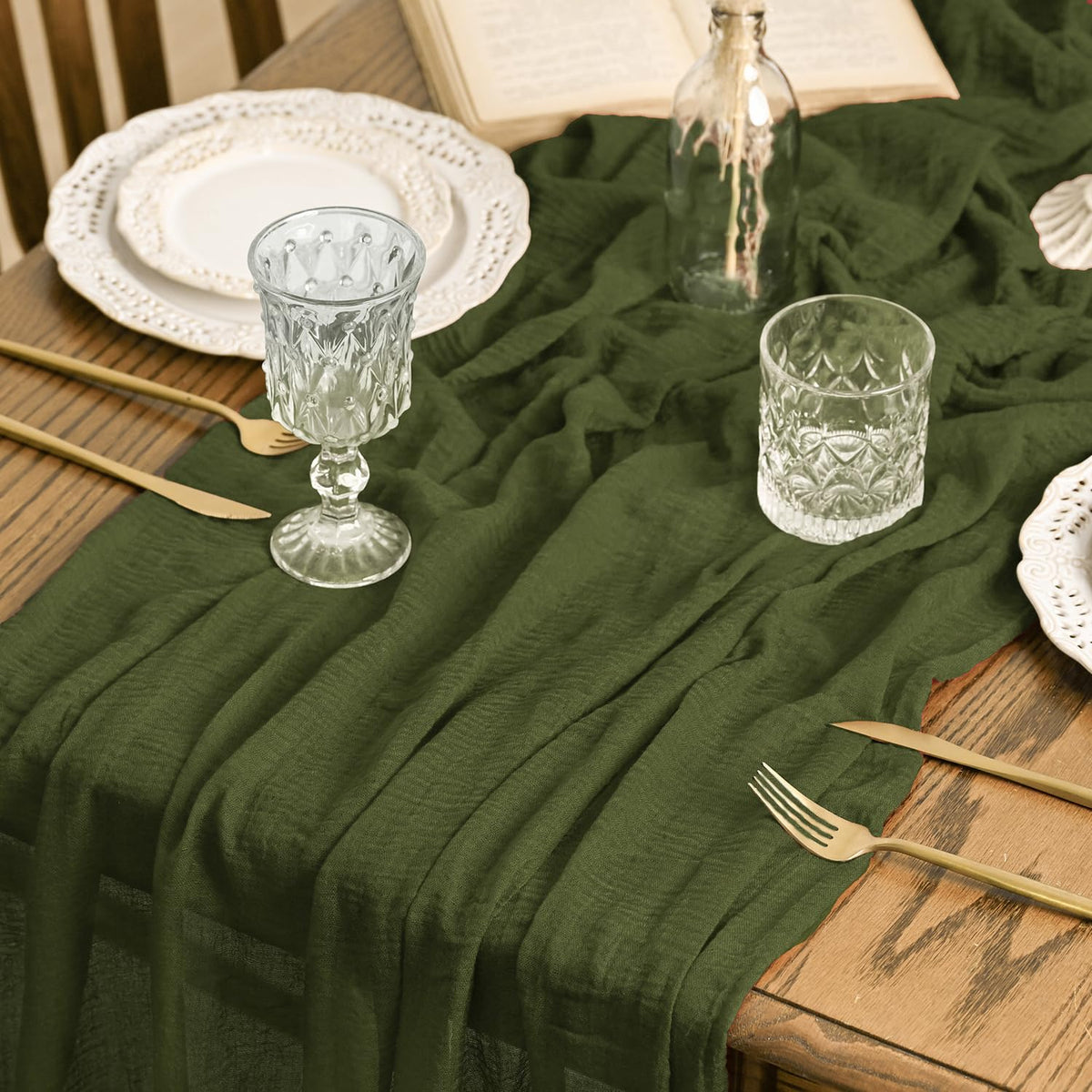 Artoid Mode Boho Cheesecloth Gauze Forest Green Wedding Table Runner, 160 Inch Seasonal Fabric Kitchen Dining Holiday Table Decor for Home Party Indoor