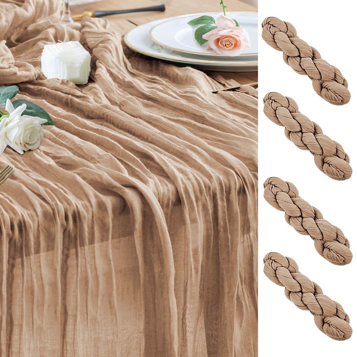 Wokceer Cheesecloth Table Runner Beige 10FT Boho Gauze Runner, 2 Pack