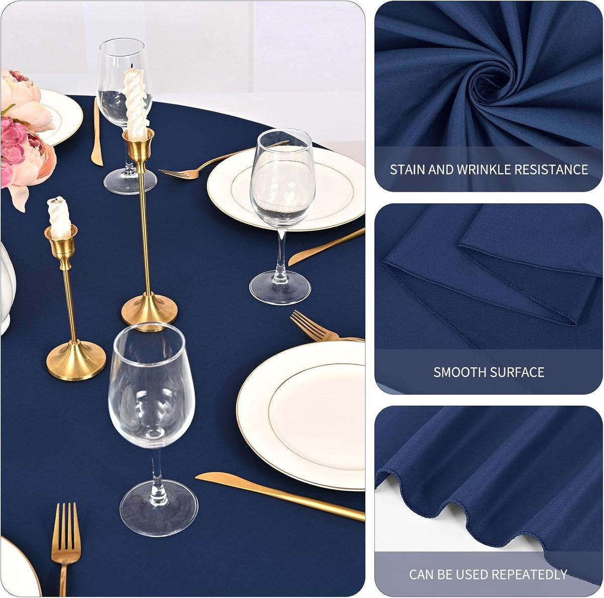 10 Pack Navy Blue Round Tablecloths 90 Inch, Polyester Round Table Cloth Circle Bulk Linen Washable Table Cloth Stain and Wrinkle Resistant Circle Table Cover for Wedding Party Dining Banquet