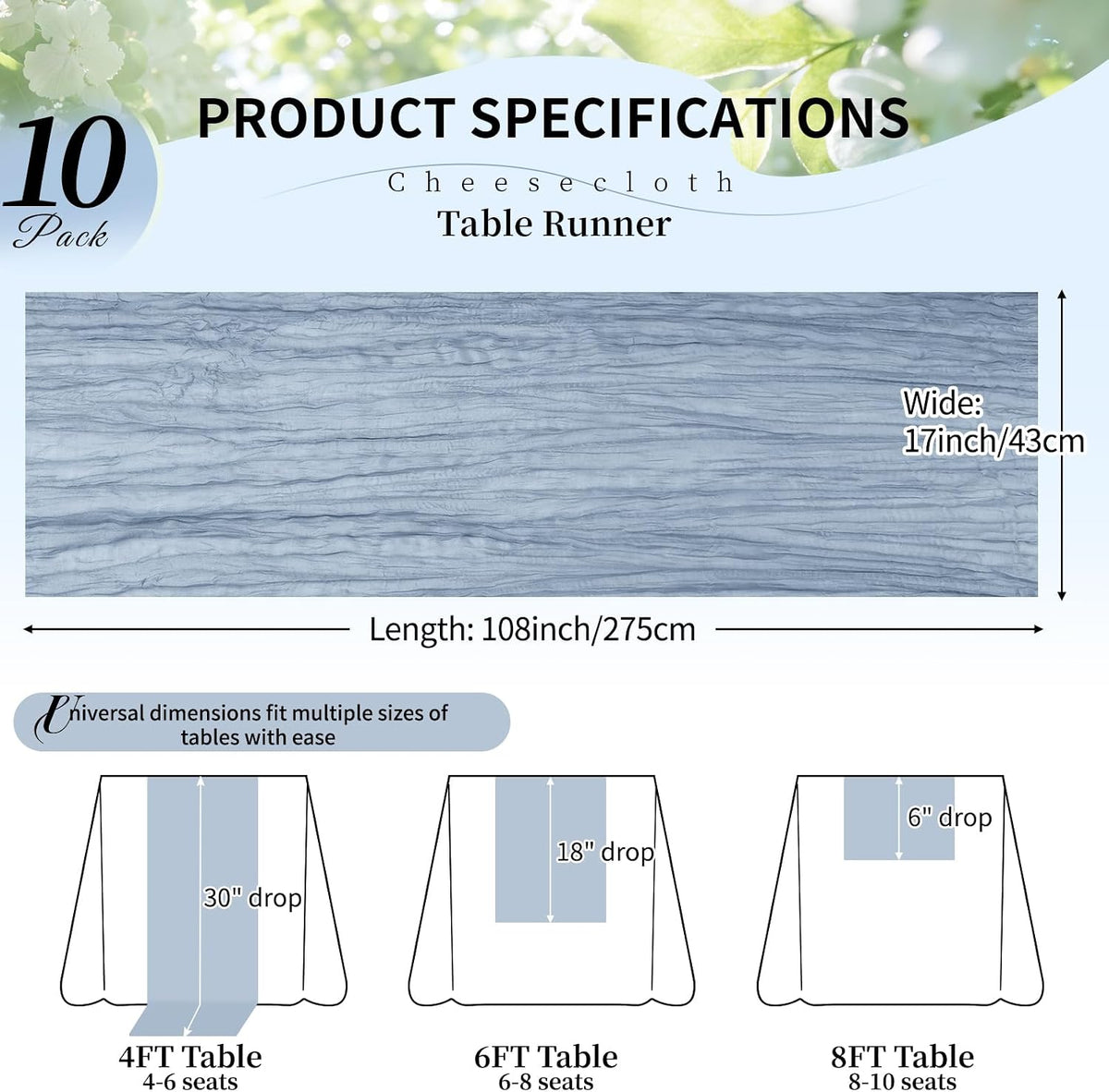 10 Pack Dusty Blue Cheesecloth Table Runner, 17x108 Inch Semi Sheer Boho Gauze Cheese Cloth Fabric Table Runners for Wedding Party Baby Shower Birthday Garden Farmhouse Table Decor