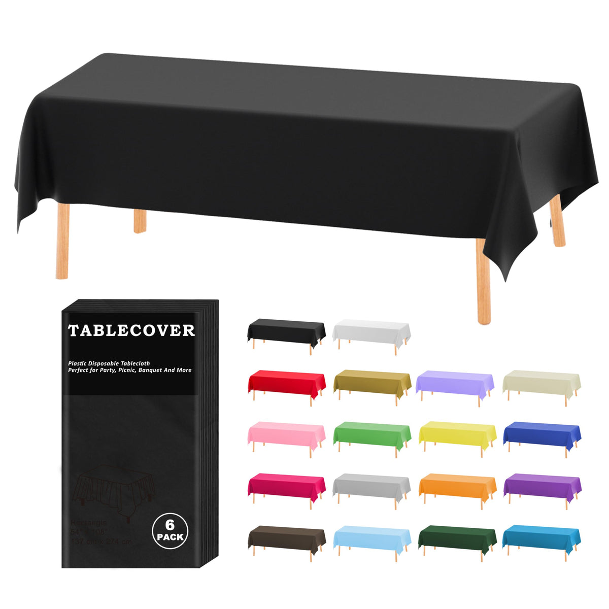 D&Z 12 Pack Black Disposable Plastic Tablecloth 54"x108" Table Cover