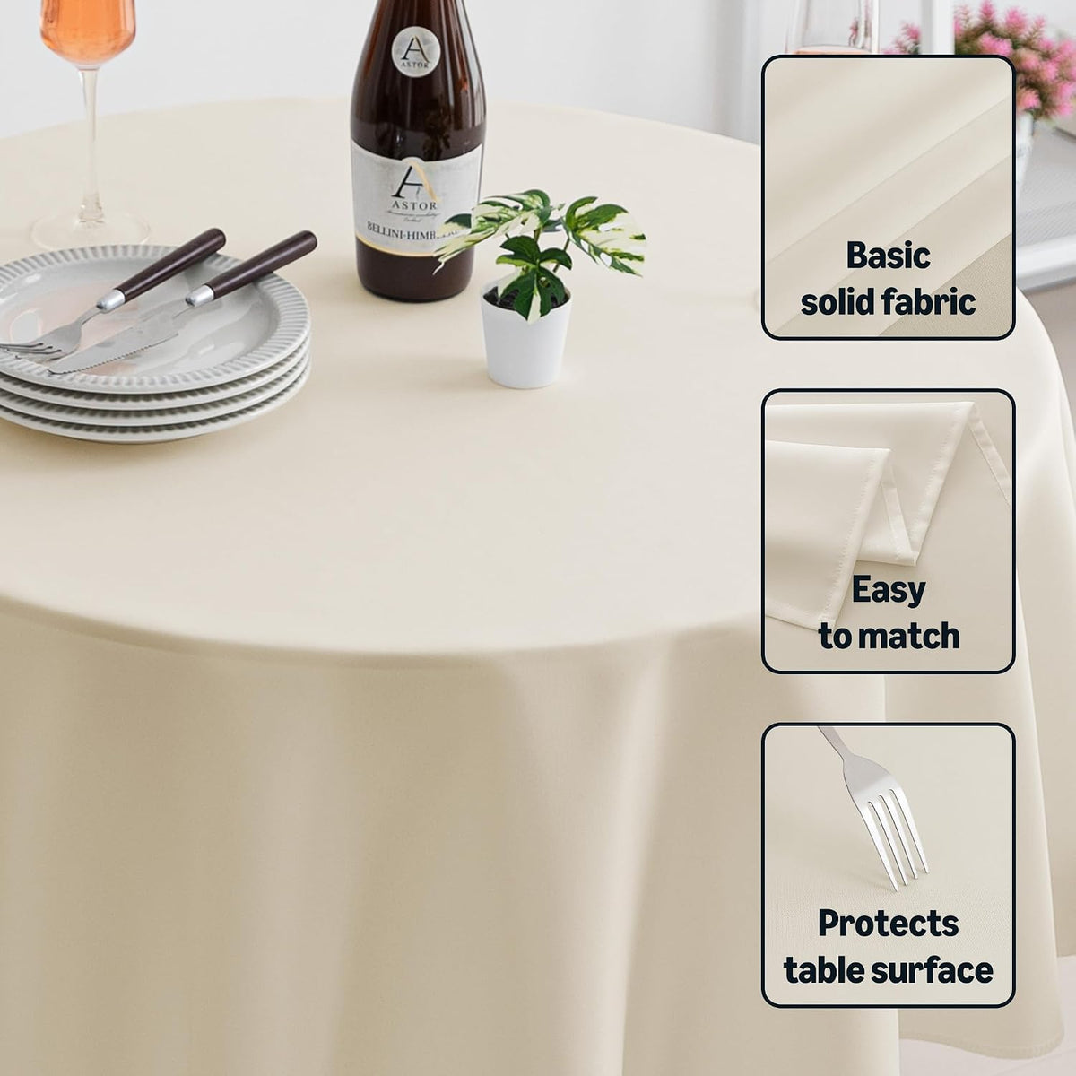 Amazon Basics Round Tablecloths, Decorative Solid Color Water-Resistant, Wipeable Circle Table Cloth Cover for Kitchen, Dining, 108", Beige, Pack of 2