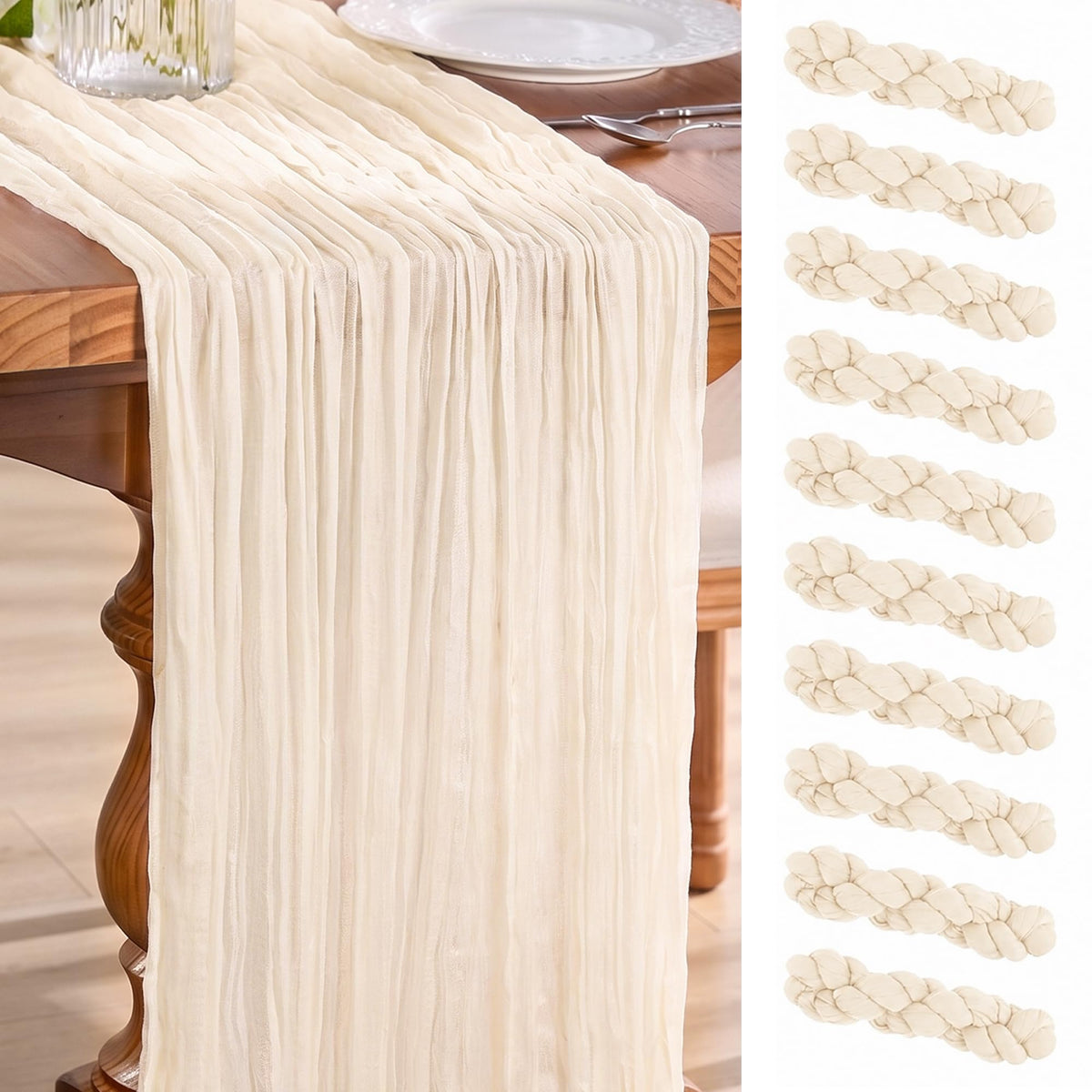 Goodluck 10 Pack 10Ft Sage Green Cheesecloth Table Runner 35x120 Inch Boho Gauze Table Runner Cheese Cloth Extra Long Romantic Table Runners for Wedding Bridal Shower Birthday Party Table Decor